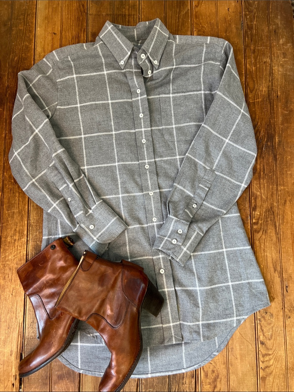 Women’s Claridge King long fitted Gray Windowpane flannel Button-Down Shirt
